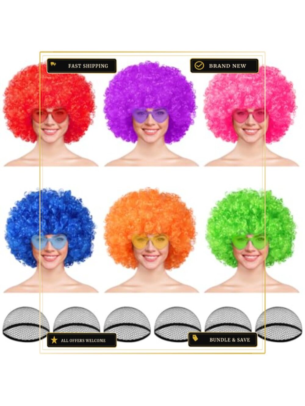 6 Pack Curly Afro Wigs with Heart Sunglasses & Wig Caps Party Cosplay Set